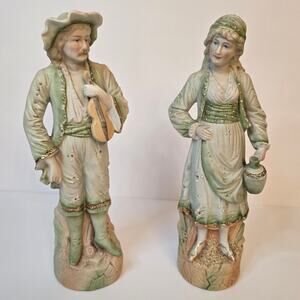Ceramic Figurine Statues Vintage Man Violin Woman Jug Peasant Vintage Home Decor